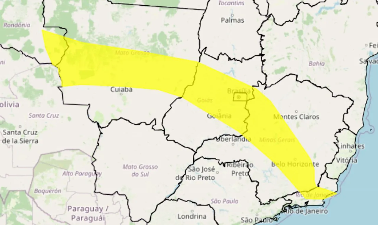 o mapa mostra as &aacute;reas em alerta para chuva intensa e ventos